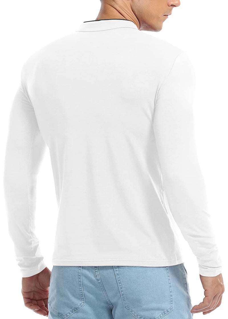 KUYIGO Men's Casual Slim Fit Shirts Long Sleeve Polo Shirt Mandarin Collared T-Shirts White Medium - Image 5